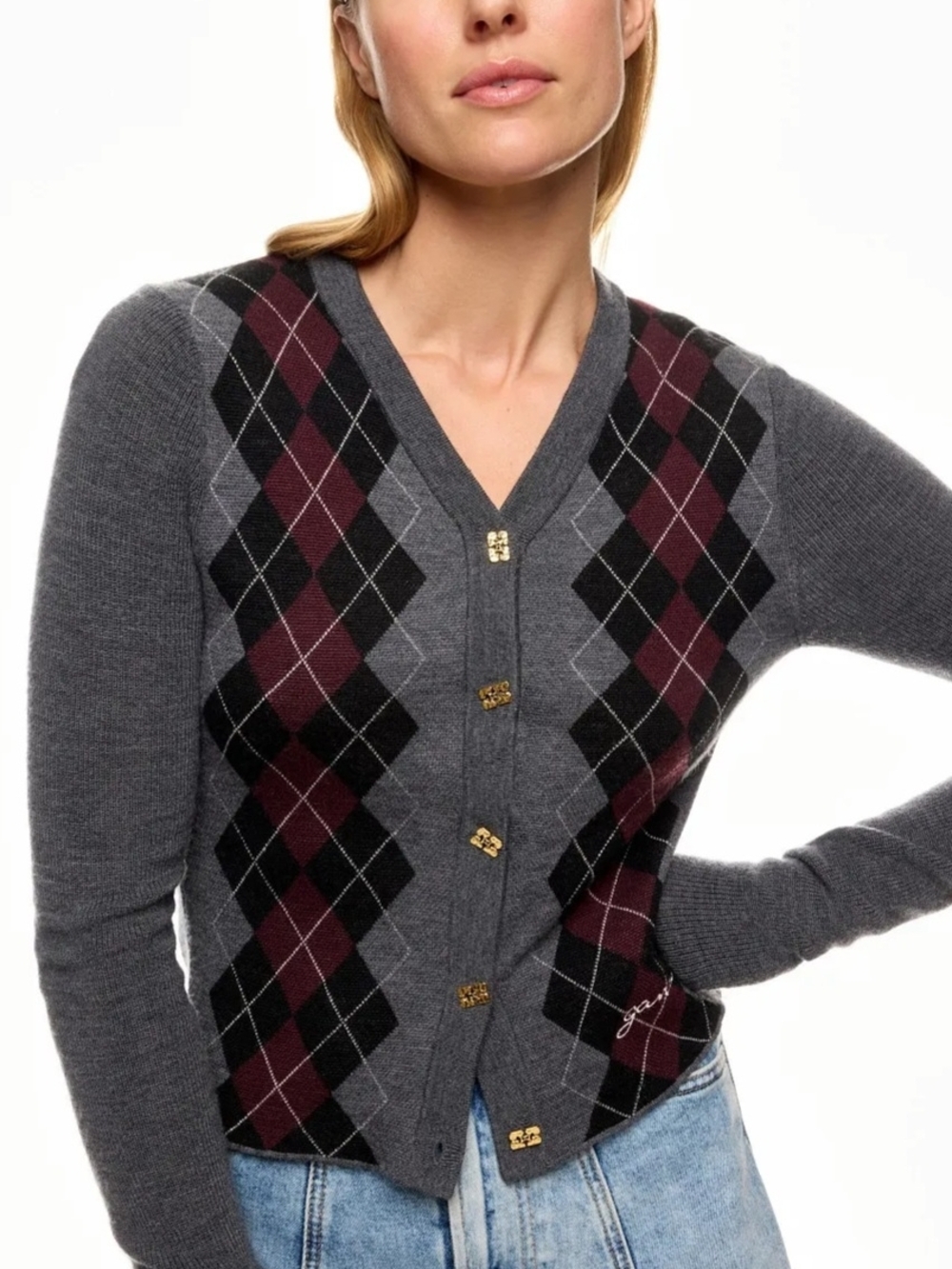 GANNI FINE MERINO JACQUARD CARDIGAN SIZE L MSRP $295